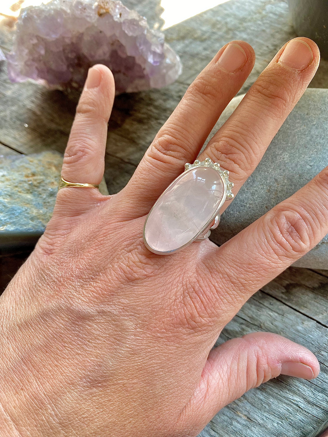 Oval Rose Quartz and Sterling Silver Dew Drop Ring