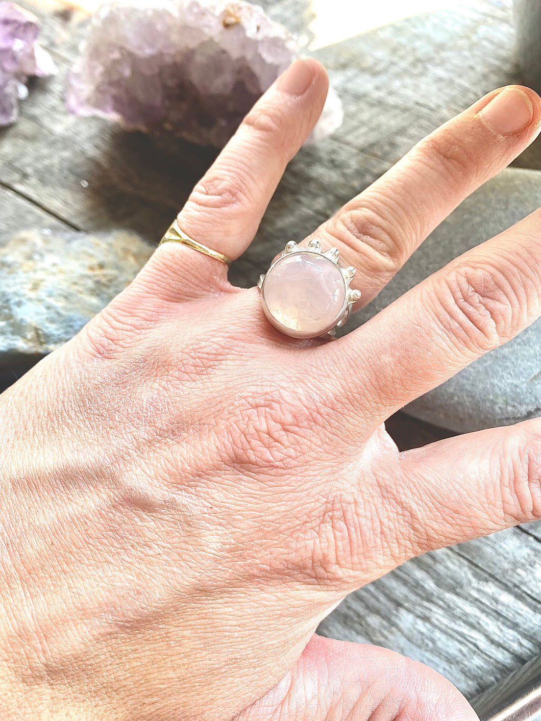 Rose Quartz // Sterling Silver Crowned Ring // Half round band
