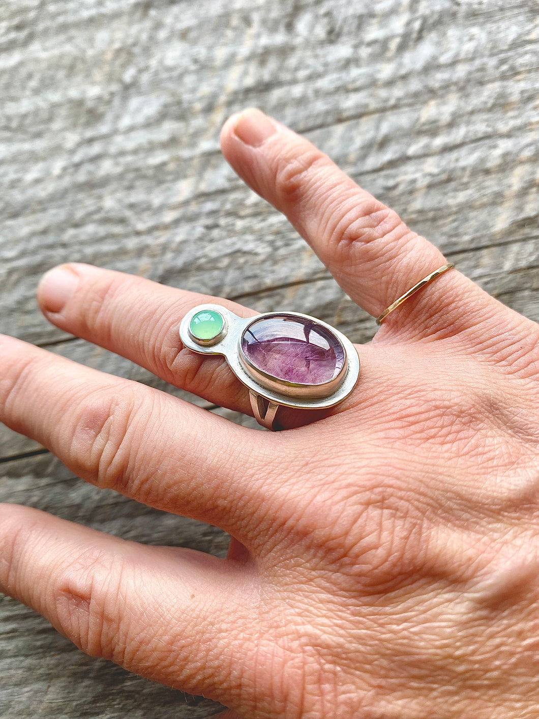 Sterling Silver, Amethyst and Chrysoprase Ring Sz. 5